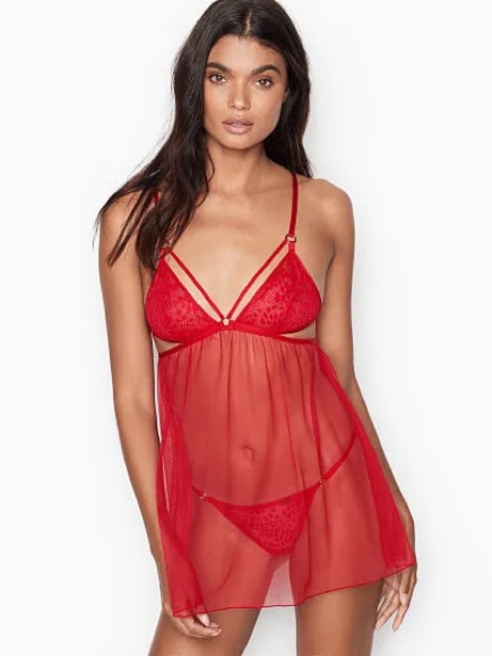 Victoria’s Secret Smake Lace Mesh Babydoll Slip in Red Size L
